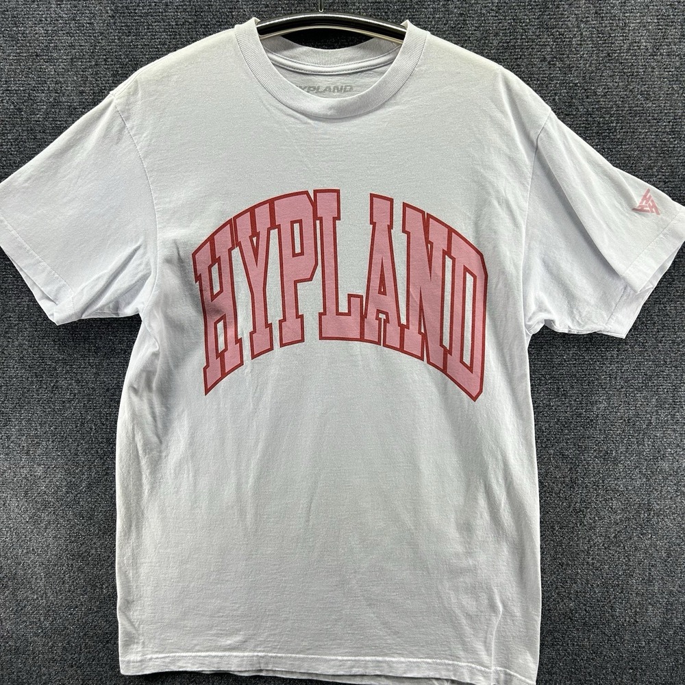 Hypland Arch Logo T-Shirt Sz Large White/Pink Crew Neck Collegiate Streetwear
